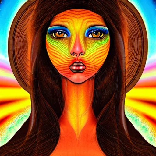 Prompt: tan latina woman, landscape, entering fourth dimension, third eye, prominent rosy cheek bones, black hair and brown eyes, psychedelic di vinci art style,