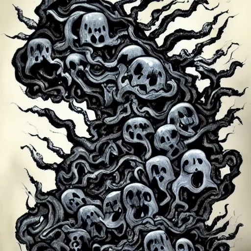 Prompt: a dark storm cloud made out of hundreds of sad ghostly faces. berserk. lovecraftian. painting.
