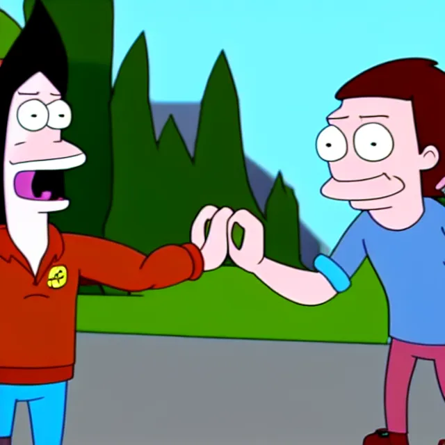 Prompt: ricky spanish high fiving ricky spanish in american dad animation style full cinematic scene, 4 k