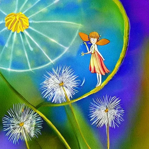 Prompt: a beautiful fairytale painting of a dandelion seed that is also a fairy. the dandelion seed is the body of the fairy. beautiful clear painting by arthur