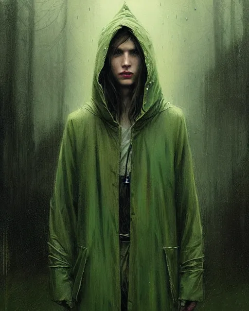 Prompt: portrait Green hooded jacket coat Hunter man elf, long-haired At the rainy town, soaked By greg rutkowski, tom bagshaw, beksinski