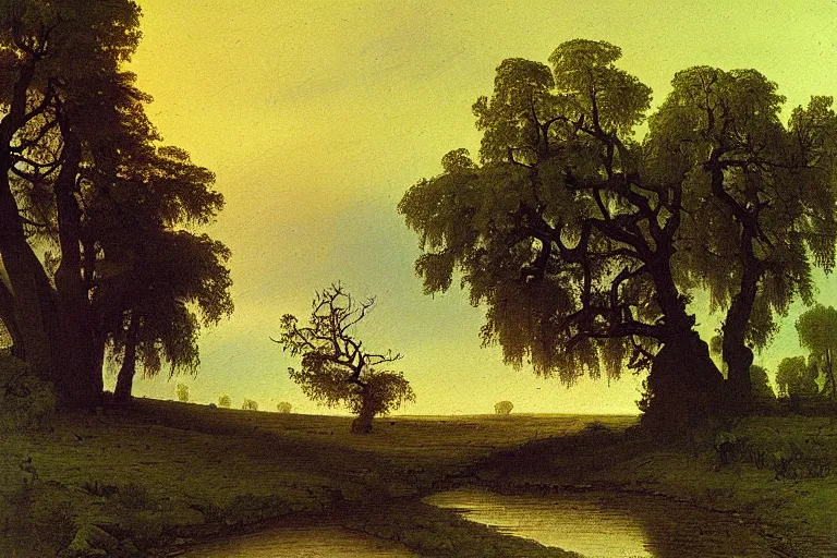 Image similar to painting of a old tree next to a meandering river by alexei savrasov