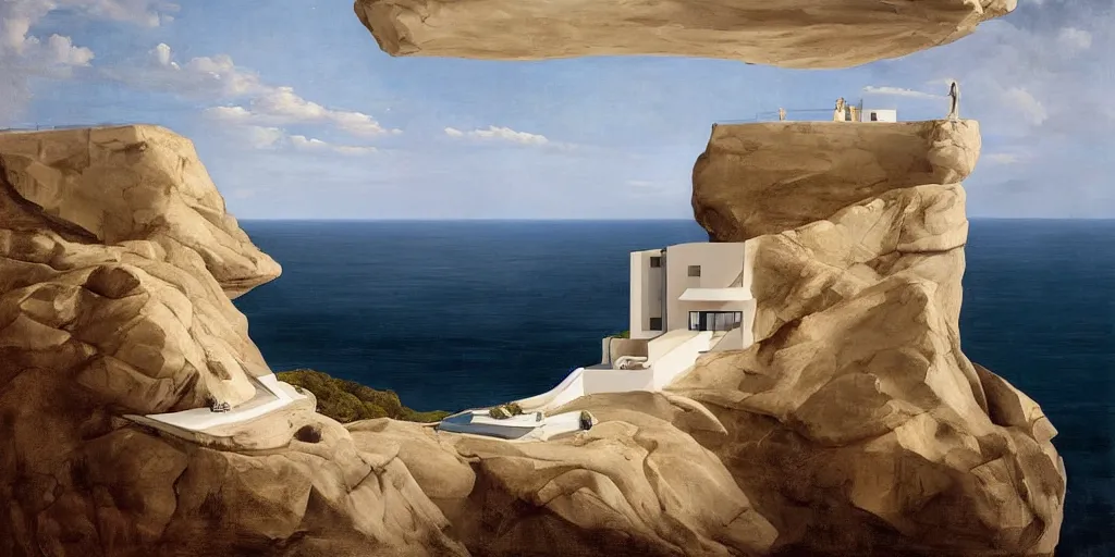 Image similar to beautiful oil matte portrait painting, modern house on top of a cliff designed by zaha hadid, wonderful masterpiece highly detailed, beautiful cinematic light deep focus, elegant, digital painting, smooth, sharp focus, golden ratio, dramatic illumination, ultra realistic, 8 k, art by artemisia lomi gentileschi and caravaggio