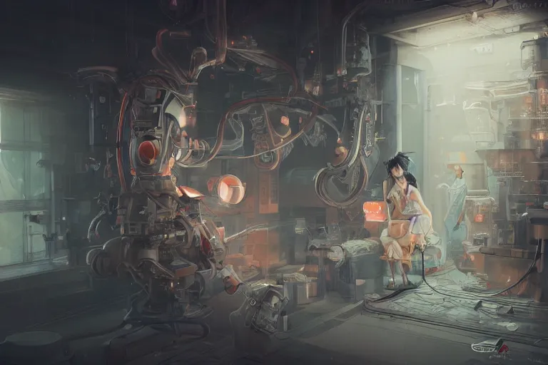 Image similar to hyperrealistic photography of a machine entering a female host in the style of Jin Kagetsu, James Jean and wlop, highly detailed, sharp focus, intricate concept art, digital painting, ambient lighting, 4k, artstation