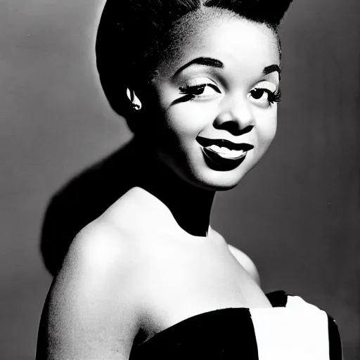 Image similar to black and white photo of a beautiful and elegant 1 9 5 9 young black actress with four in her hair