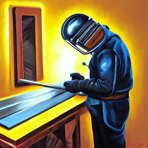 Prompt: viktor orban welding, oil painting