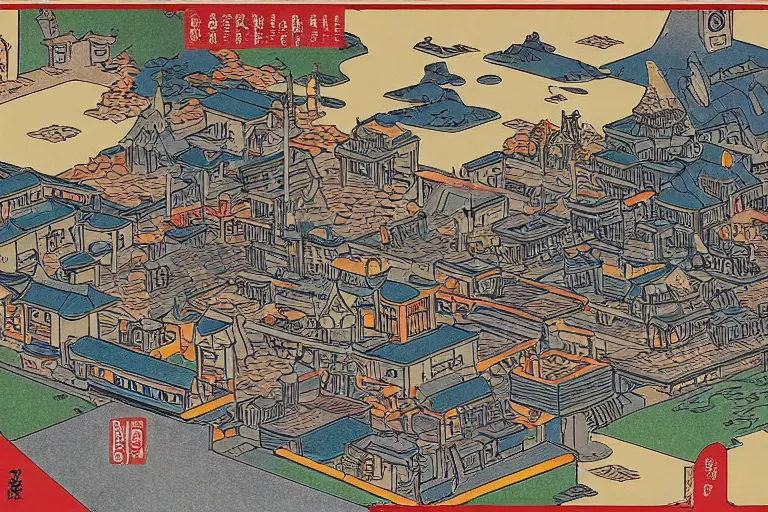 Image similar to a dungeons and dragons castle town. first person view from alleyway. r / retrofuturism and ukiyo - e