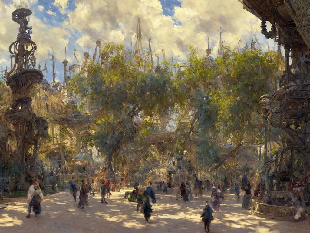 Image similar to impressionist brushstrokes!!!! solomon joseph solomon and richard schmid and jeremy lipking victorian loose genre loose painting of a busy elaborate ornate outdoor sci - fi park, cinematic, shadows, partly cloudy day, 4 k, detailed, by ( ( ( zaha hadid and beeple ) ) )