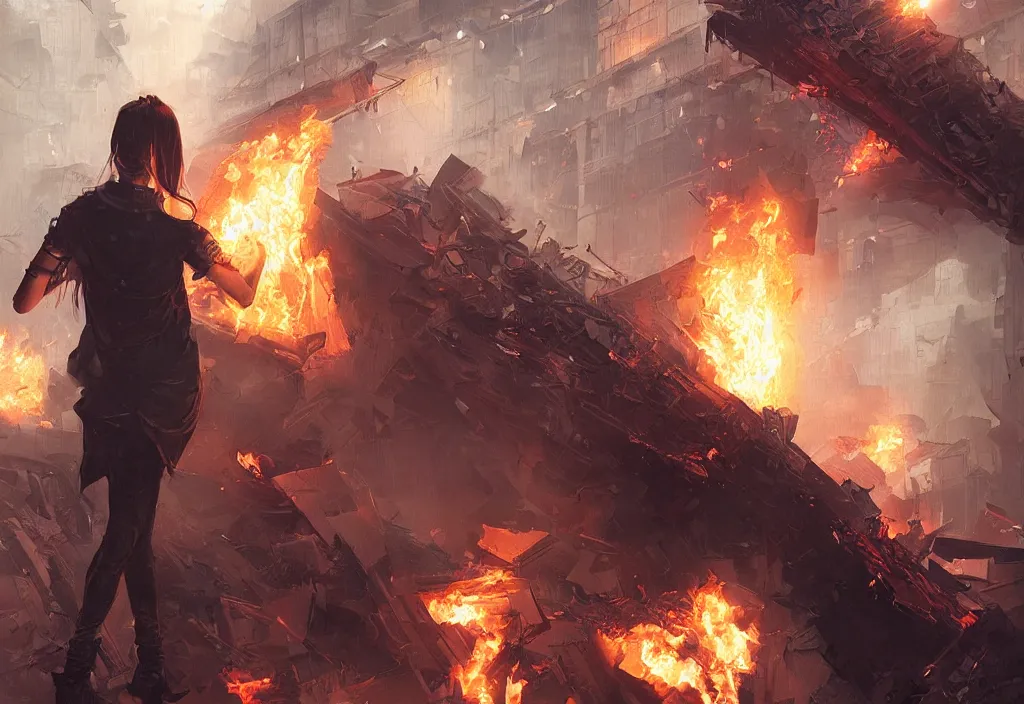 Image similar to angry protester holding placard, detailed digital illustration by greg rutkowski, fire, android netrunner