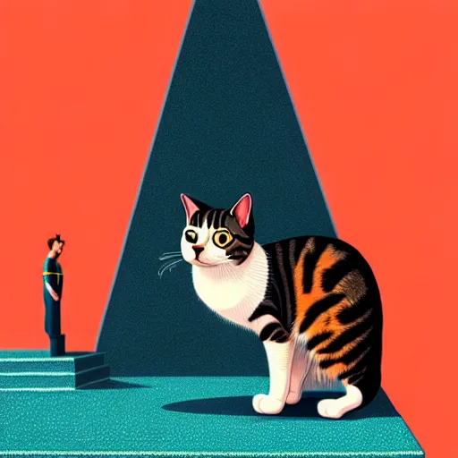 Prompt: low angle shot of a cat standing on a monolith by Martine Johana and Casey Weldon, wes anderson rich colors, intricate, elegant, highly detailed, centered, digital painting, artstation, concept art, smooth, sharp focus, illustration