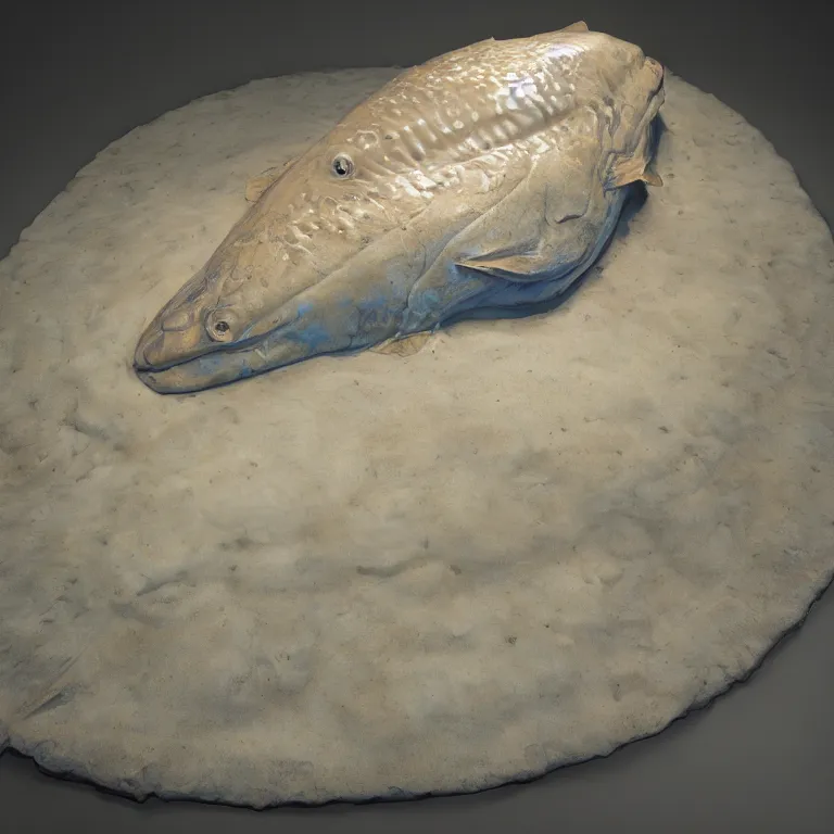 Prompt: hyperrealistic sculpture of a bronze fossilized flounder halibut emerging from a gridded blue silicone and latex pedestal by ron mueck and duane hanson and lee bontecou, hyperrealistic dramatic colored lighting trending on artstation 8 k