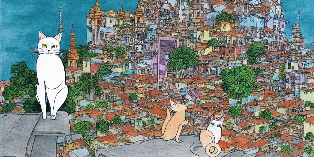 Image similar to sri lankan cat looking at the city, drawn by hayao miyazaki