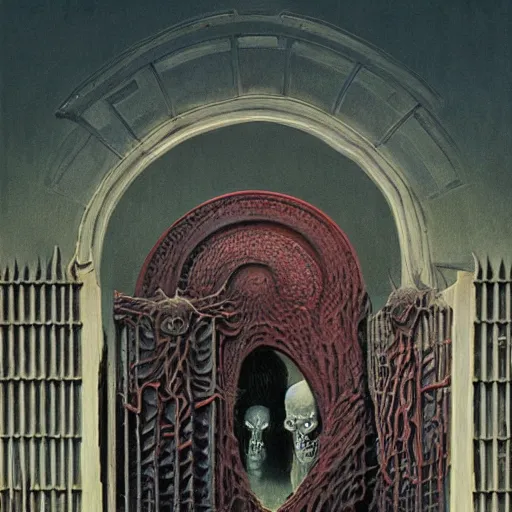 Prompt: painting of otherworldly creatures standing in front of a mysterious gate, by wayne barlowe = n 9