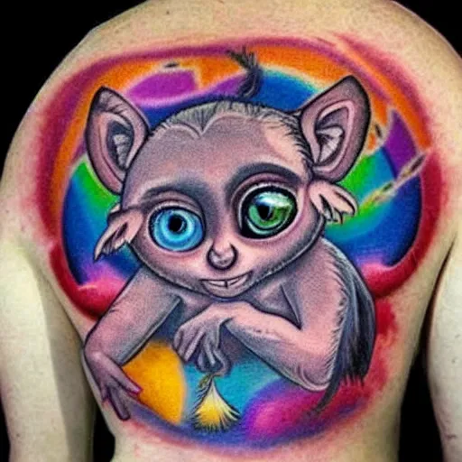 Image similar to shoulder tattoo of a multicolored trippy meditating cute bush baby, eyes are glowing rainbow spirals, happy mood, surrounded with colorful magic mushrooms and rainbow marihuana leaves, insanely integrate