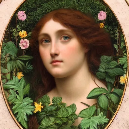 Prompt: Pre-Raphaelite goddess of nature in the style of John William Godward, close-up portrait, in focus, flowers and plants,