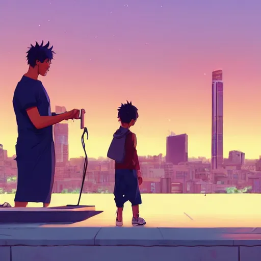 Prompt: A proud mother cutting her son's hair , Karachi skyline background, rich vivid colors, ambient lighting, dynamic lighting, 4k, HQ, official media, anime key visual, makoto shinkai, ilya kuvshinov, lois van baarle, rossdraws, detailed, trending on artstation