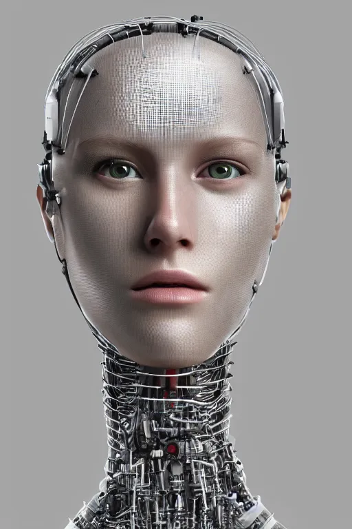 Image similar to robot with human face, female head, full body angle, woman human face, human face realistic, beautiful blonde hair, human head, human head with blonde hair, blonde hair human head, blonde hair, human realistic face, human head skin, cyborg frame concept, cyborg by ales-kotnik, sci-fi android female, the body is made of wires, robotic body, cyborg body, cyborg bust body, robot body cyborg, full body