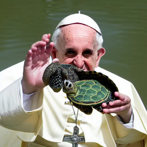 Image similar to pope holding a pond turtle, photography, Canon eos r3, 8k resolution