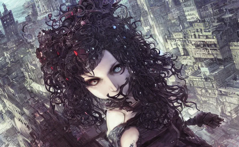 Image similar to goth woman in front of city, color page, tankoban, 4 k, tone mapping, akihiko yoshida, james jean andrei riabovitchev marc simonetti, yoshitaka amano, long hair, curly, h. hydrochaeri