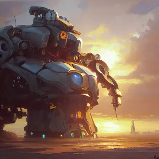 Image similar to an intricate oil painting of a giant anime robot with rounded and circular parts by steve henderson and greg rutkowski