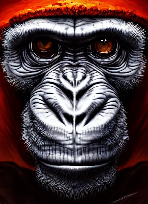 Image similar to close up portrait of a monkey monster in the mountains of hell, oil painting by tomasz jedruszek, cinematic lighting, pen and ink, intricate line, hd, 4 k, million of likes, trending on artstation