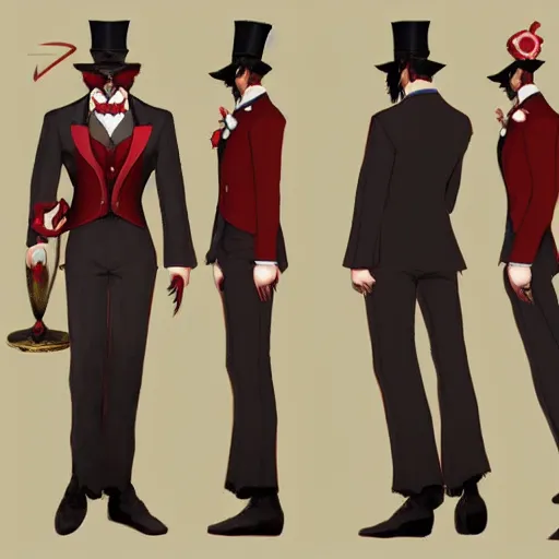 Prompt: FFXIV concept art of a gentleman with a red top hat and monocle and a floral suit