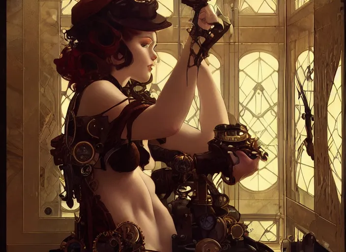 Image similar to woman model, steampunk!!! and modern, rgb, league of legens art, in a bathroom, backlit, elegant, highly detailed, digital painting, artstation, concept art, smooth, sharp focus, illustration, art by krenz cushart and artem demura and alphonse mucha