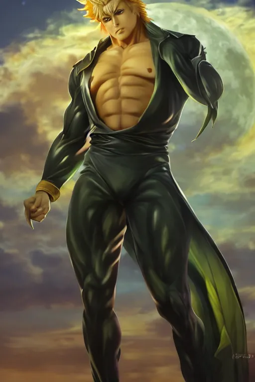 Dio Brando posing dramatically with a full moon behind, Stable Diffusion