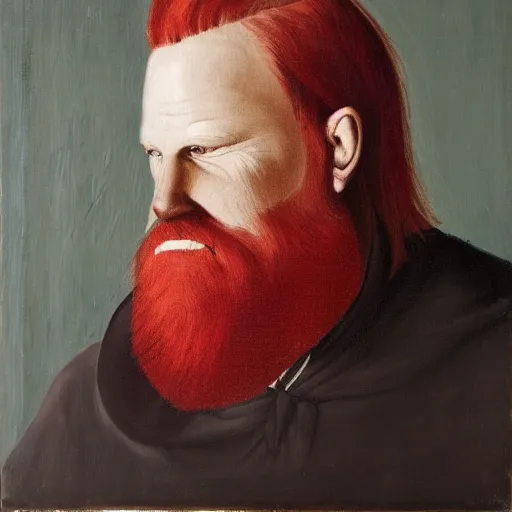 Prompt: Portrait of a Scandinavian priest with red hair, a white beard, and brilliant silver eyes. Oil on canvas.