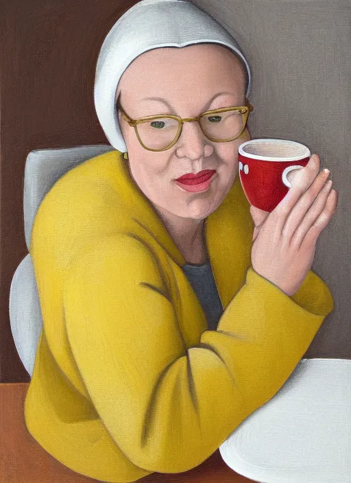 Prompt: portrait of a beautiful finnish 4 0 - year old woman sitting in a table with a hot cup of tea, small wide smile, mandel eyes, glasses, small plump lips, oval face, wrinkled big cheeks, brown and grey short hair, calming white background of a kitchen with yellow flowers, cheerful colours, oil painting, sharp focus, artstyle of michelangelo