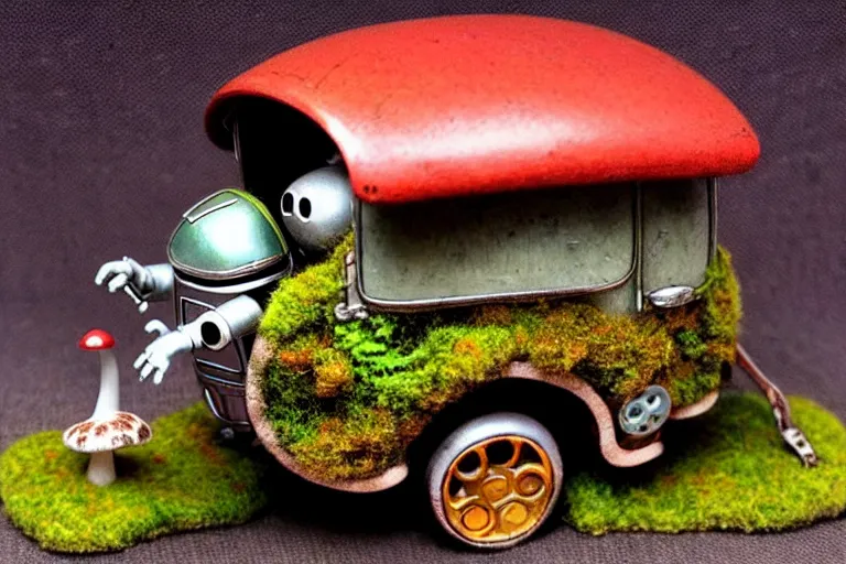 Image similar to adventurer ( ( ( ( ( 1 9 5 0 s retro future robot android mouse wagon. muted colors. background of mushrooms and moss ) ) ) ) ) by jean baptiste monge!!!!!!!!!!!!!!!!!!!!!!!!! chrome red