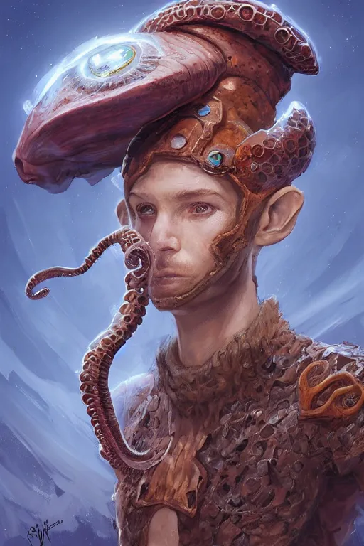 Image similar to portrait of the Plectronoceras cephalopod wizard wearing the epic artifact headgear by artgerm and Craig Mullins, James Jean, Andrey Ryabovichev, Mark Simonetti and Peter Morbacher 16k