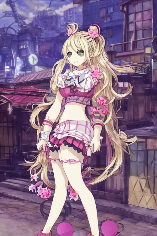 Prompt: junko enoshima, a gyaru model with long thick blonde pigtails, villainess, character design by Akihiko Yoshida in the style of Atelier Lulua, KyoAni, Granblue Fantasy, background art by Krenz Cushart in the style of Atelier Firis, Space Dandy, K-ON, illustration by Masamune Shirow in the style of Shining Resonance, Guilty Crown, Last Exile