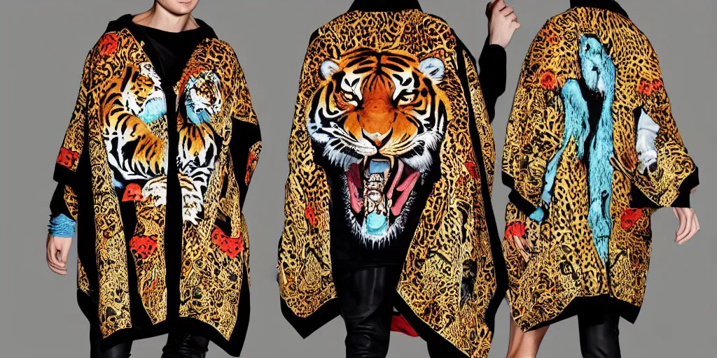 Prompt: birth of venus gucci versace tiger print intricate modern textiles cloak tunic streetwear cyberpunk