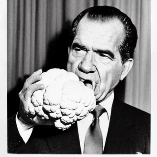 Prompt: President Nixon licking a cauliflower