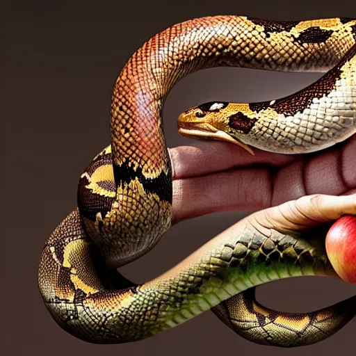 Prompt: hyperrealistic hand with a snake in between the fingers and an apple