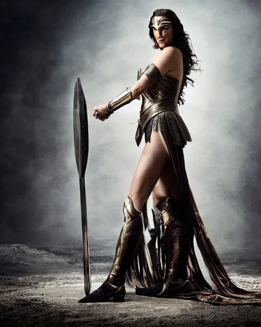 Prompt: gal gadot as queen conan, directed by john millius, photorealistic, sitting on a metal throne, wearing ancient cimmerian armor, a battle axe to her side, cinematic photoshoot in the style of annie leibovitz, studio lighting