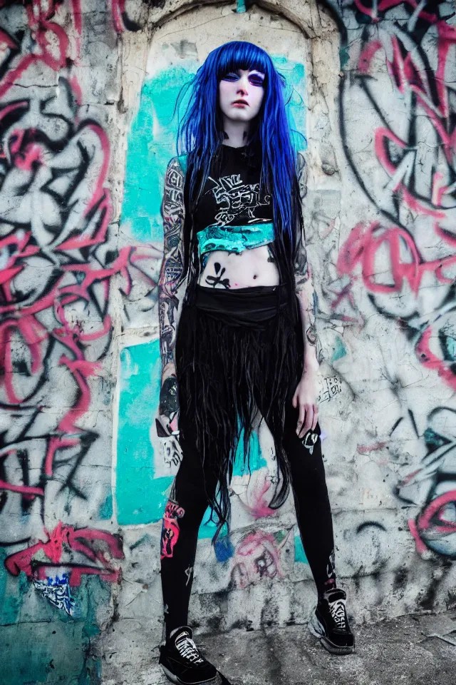 Image similar to a portrait of a grunge emo girl who has blue hair, a nose ring, black nails, fish net leggings, and is outside of a abandoned building with graffiti on it. Shallow depth of field. 4k hyperdetailed. Rendered with octane.