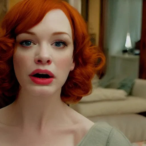 Image similar to amazing beautiful Christina Hendricks with mouth wide open in the living room, film still from the movie directed by Denis Villeneuve , wide lens