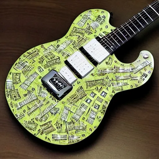 Prompt: an electric guitar made entirely out of money