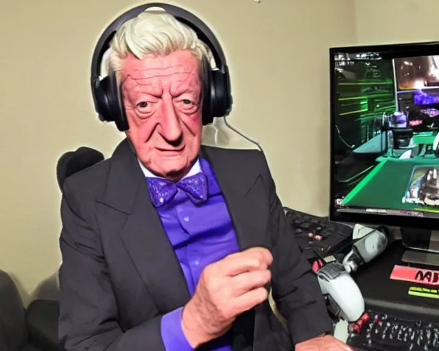 Prompt: Jon Pertwee as a Twitch streamer, wearing a gaming headset, webcam screenshot