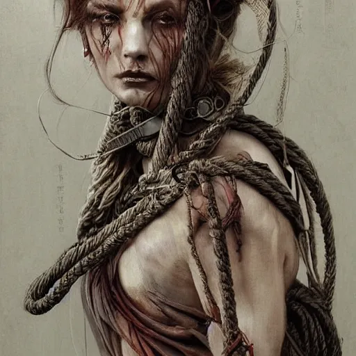 Prompt: portrait of a Shibari rope wrapped face and neck, headshot, insanely nice professional hair style, dramatic hair color, digital painting, of a old 15th century, roman gladiator, amber jewels, baroque, ornate clothing, scifi, realistic, hyperdetailed, chiaroscuro, concept art, art by Franz Hals and Jon Foster and Ayami Kojima and Amano and Karol Bak,