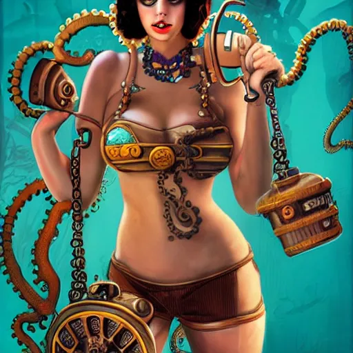 Image similar to lofi underwater steampunk bioshock bikini, octopus, Pixar style, by Tristan Eaton Stanley Artgerm and Tom Bagshaw.