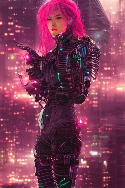 Image similar to portrait futuristic Cyber warrior Girl, in future cyberpunk tokyo rooftop , ssci-fi, fantasy, intricate, very very beautiful, elegant, neon light, highly detailed, digital painting, artstation, concept art, smooth, sharp focus, illustration, art by WLOP and tian zi and alphonse mucha