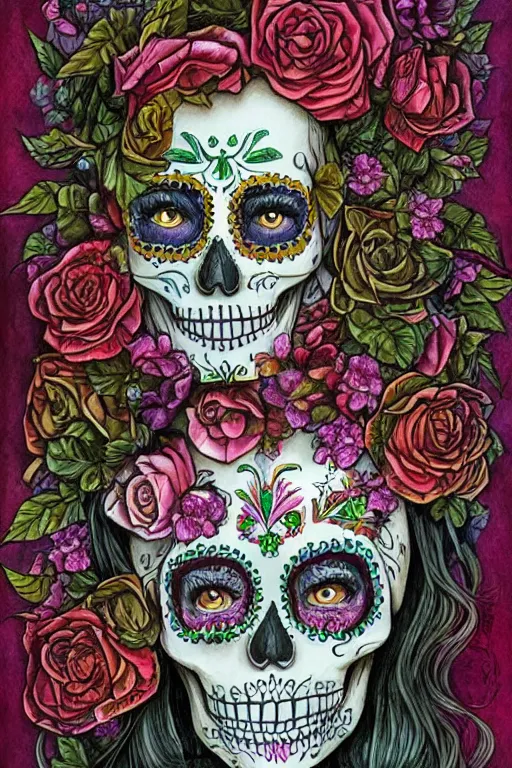 Prompt: Illustration of a sugar skull day of the dead girl, art by daniel merriam