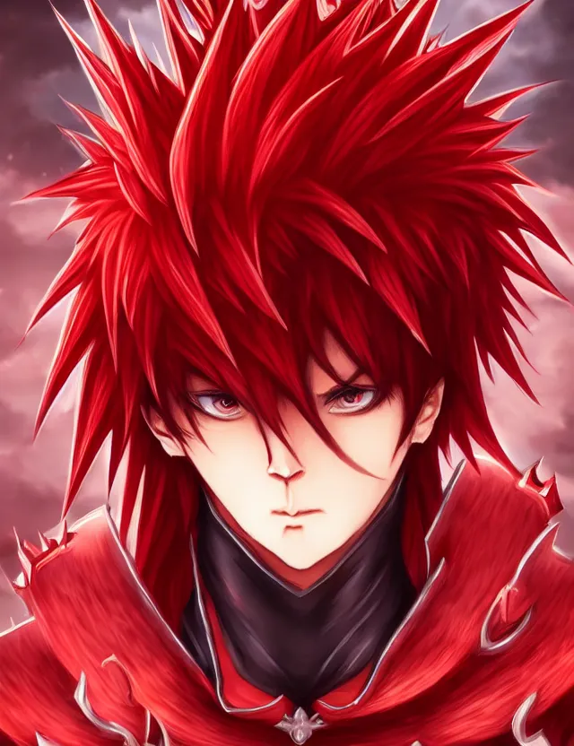 Image similar to a detailed manga portrait of a handsome tall man with spiked crimson hair in fiery crimson crystalline armour, trending on artstation, digital art, 4 k resolution, detailed, high quality, sharp focus, hq artwork, coherent, insane detail, character portrait