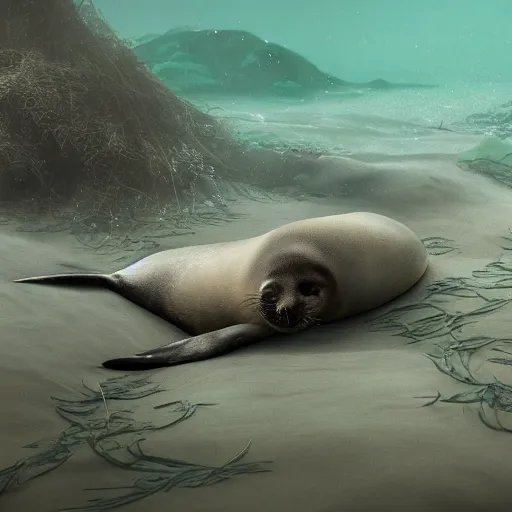 Image similar to A seal sleeping peacefully in a kelp forest, Prince in pastel, cinematic, hyper realistic, detailed, 8k, octane render.