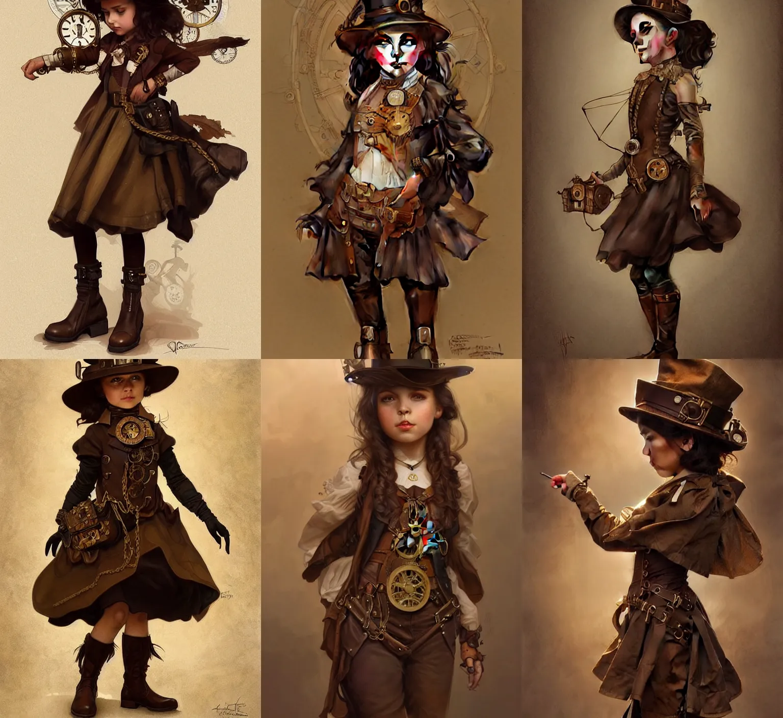 Prompt: little girl in steampunk outfit, wears brown boots, whole body, olive skin, brown dark hair, beautiful bone structure, intricate, elegant, highly detailed, digital painting, artstation, concept art, smooth, sharp focus, illustration, art by artgerm and greg rutkowski and alphonse mucha