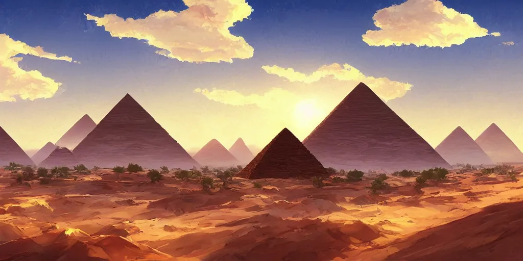 Prompt: a stunning desert landscape with pyramids by makoto shinkai