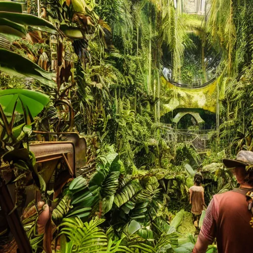 Image similar to interior shot of a lush jungle with two steam punk explorers navigating the harsh terrain,